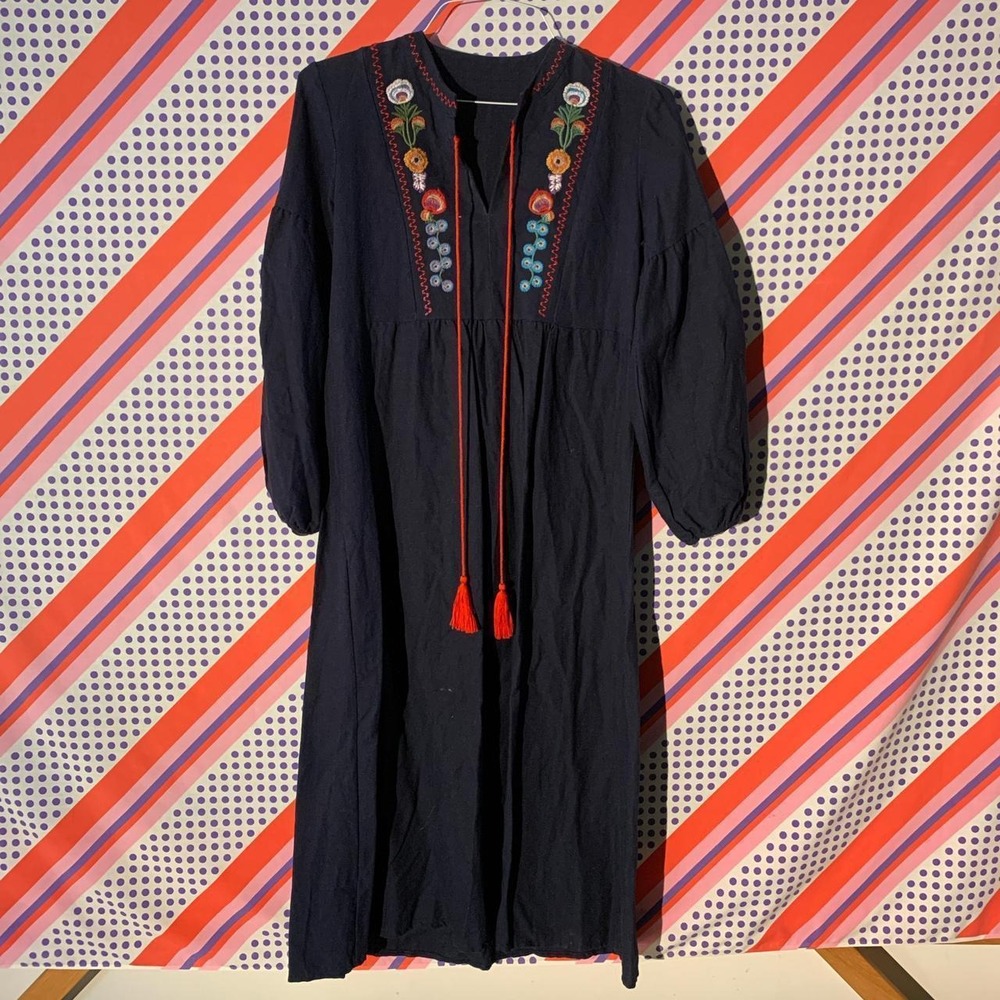 Vintage Blue Boho Embroidered Floral Dress Navy Blue Large Boho Retro Hipster